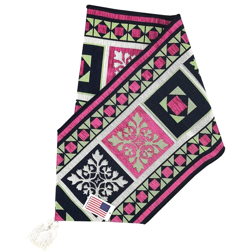 MCM Home Decor Table Runner Art Deco Black White Tapestry Made in USA 72